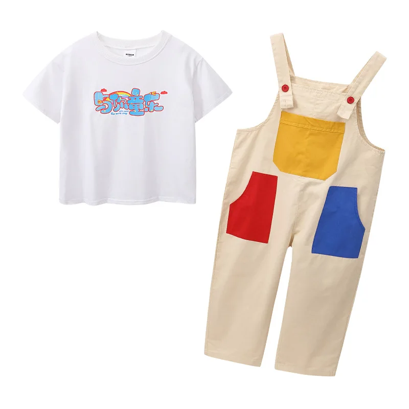 Boys Hip Hop Colored T-shirt Loose Contrast Overalls Girls Patchwork Dungaree Child Jumpsuit Street Dance Romper Kids Streetwear