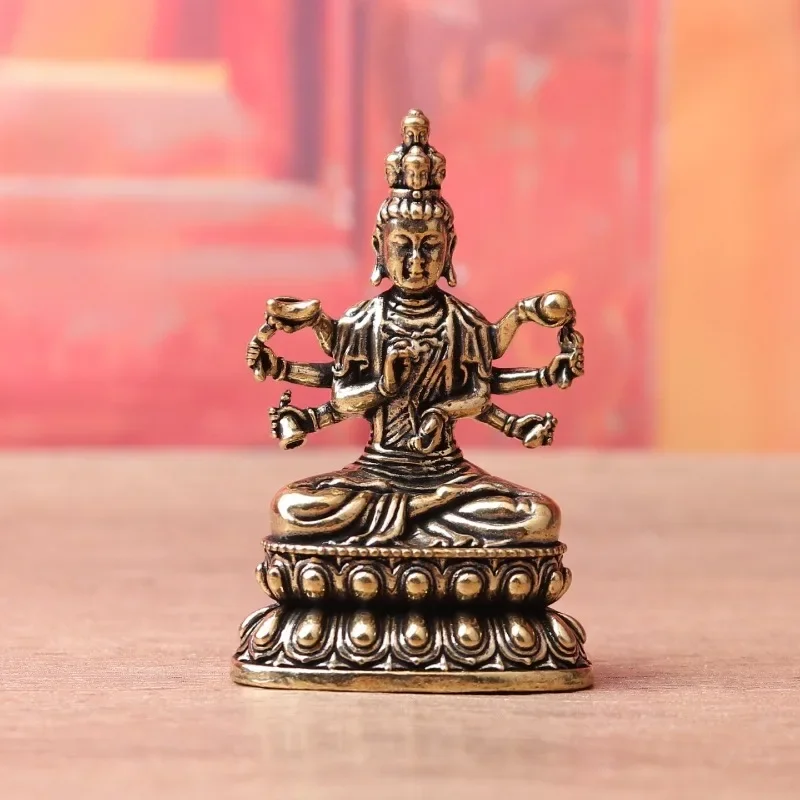 Vintage Brass Thousand-Hand Guanyin Figurine, Traditional Chinese Seated Bodhisattva Statue With Lotus Base, Desktop Tea Pet