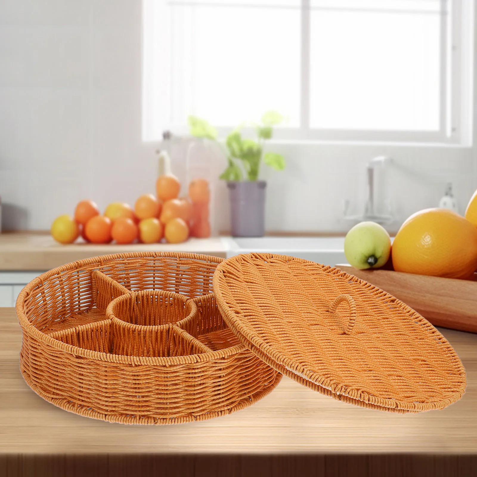 

1pcs Multicompartment Wicker Storage Basket With Lid Large Capacity Organizing Tray For Snacks Fruits Candies Removable Dividers