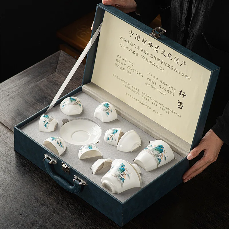 Enterprise Custom Chinese Style Set Sheep Fat Jade White Porcelain Complete High-end Tea Ceremony Reception Office Gift Box Whol