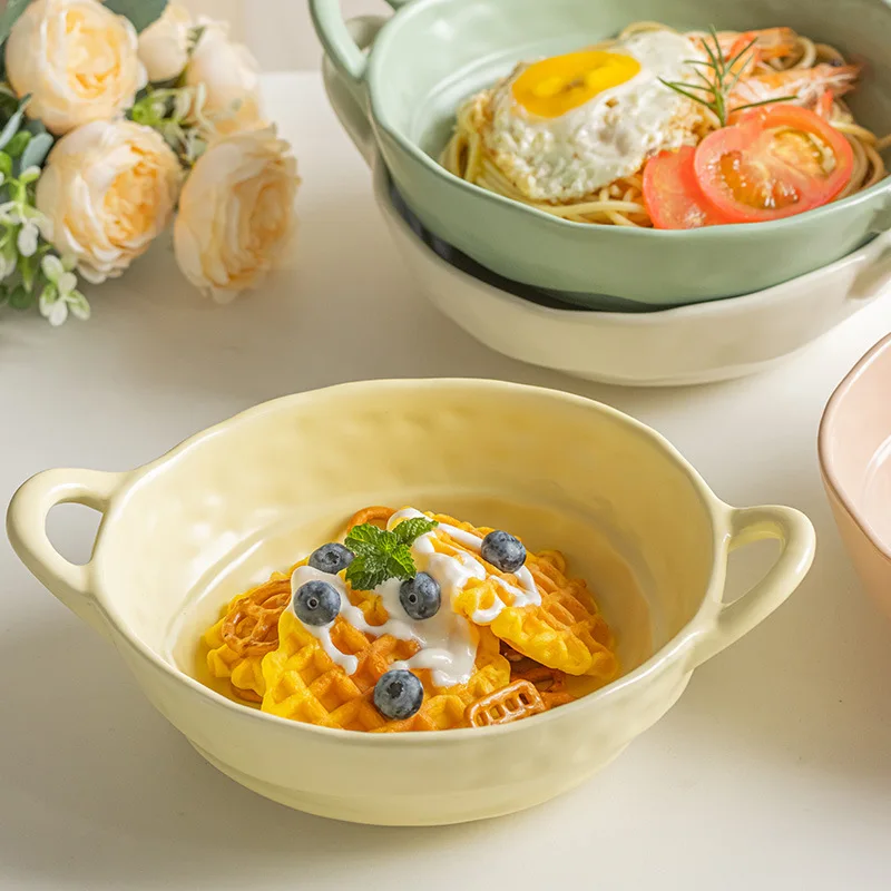 

New Handmade Binaural Bowls Solid Color Ceramic Irregular Bowl Household Large Capacity Instant Noodle Bowl Tableware Salad Bowl