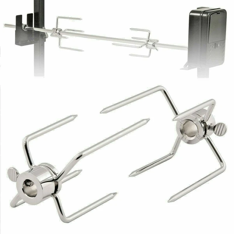 2Pcs BBQ Rotisserie Meat Forks Clamp Grill Meatpicks Stainless Steel Barbecue Skewer