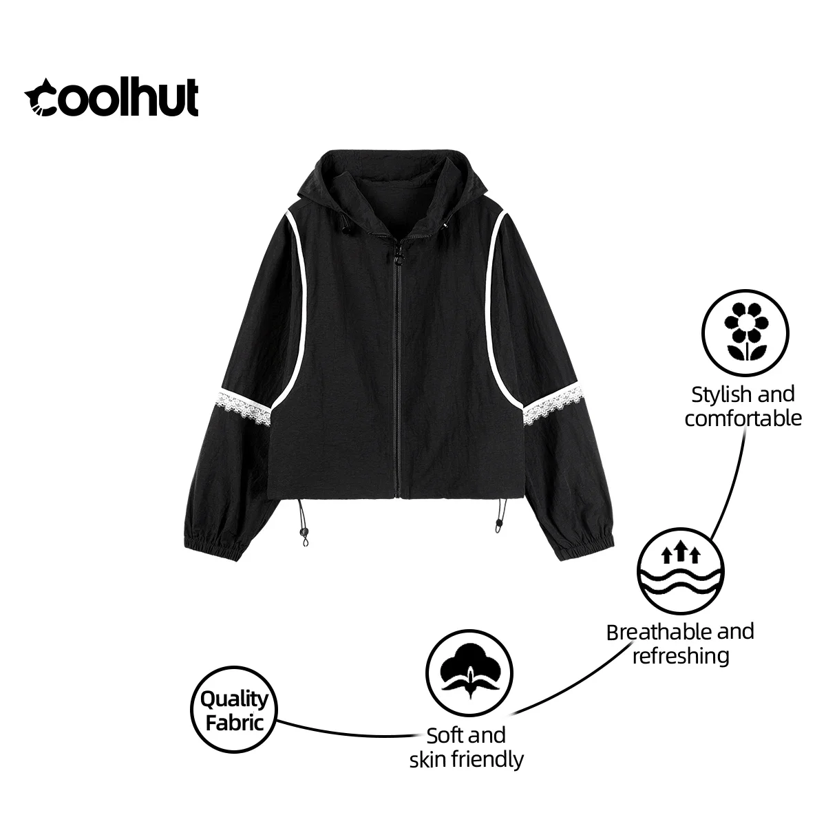 

COOLHUT Фирменная Новинка 2025, женская кружевная лоскутная куртка с капюшоном, зимняя ветровка, пальто, повседневная уличная одежда, модный бомбер