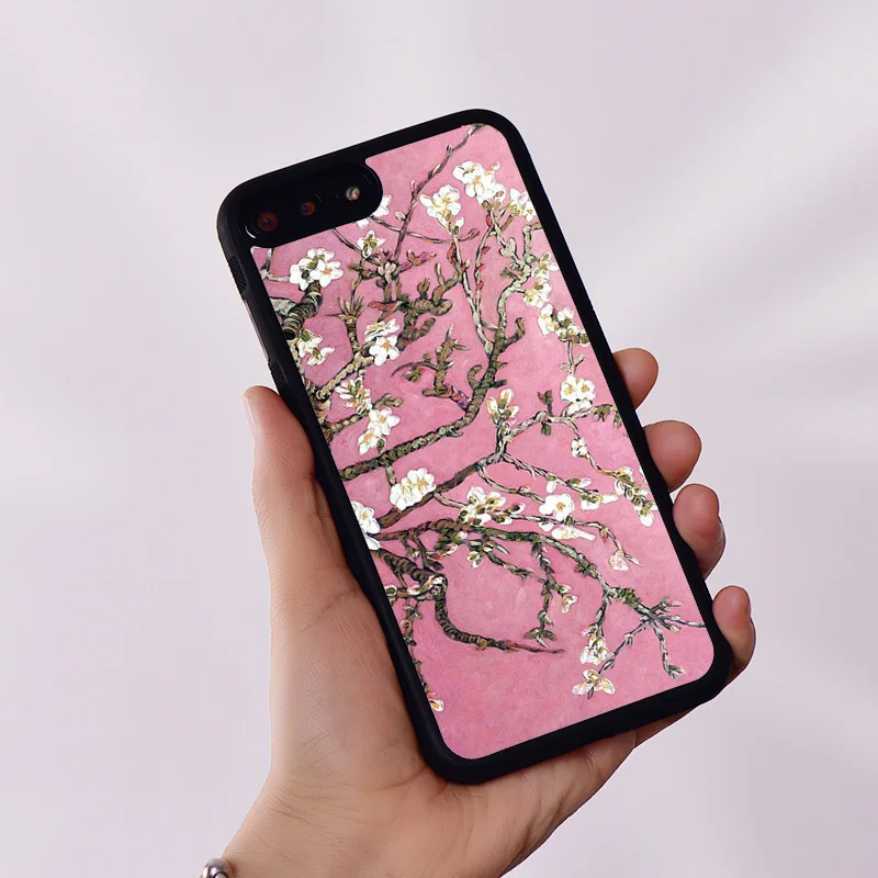 Wildflower Silicone Phone Case Cover for iPhone 6 6S 7 8 Plus X XS XR 11 12 13 14 15 Mini Pro Max Van Gogh Pink Almond Blossom