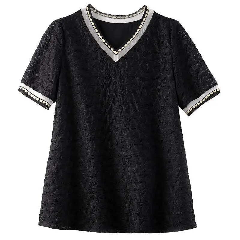 Summer New V-neck Fashion Short Sleeve T-shirt Women Contrast Color Patchwork Pullovers Ventilate Breathable All-match Chic Top