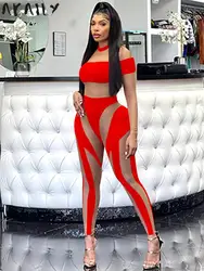 Akaily Spring Mesh Patchwork Jumpsuit For Women 2023 O Neck Jumpsuit One-pieces Club Outfits See Through Skinny Red Jumpsuit