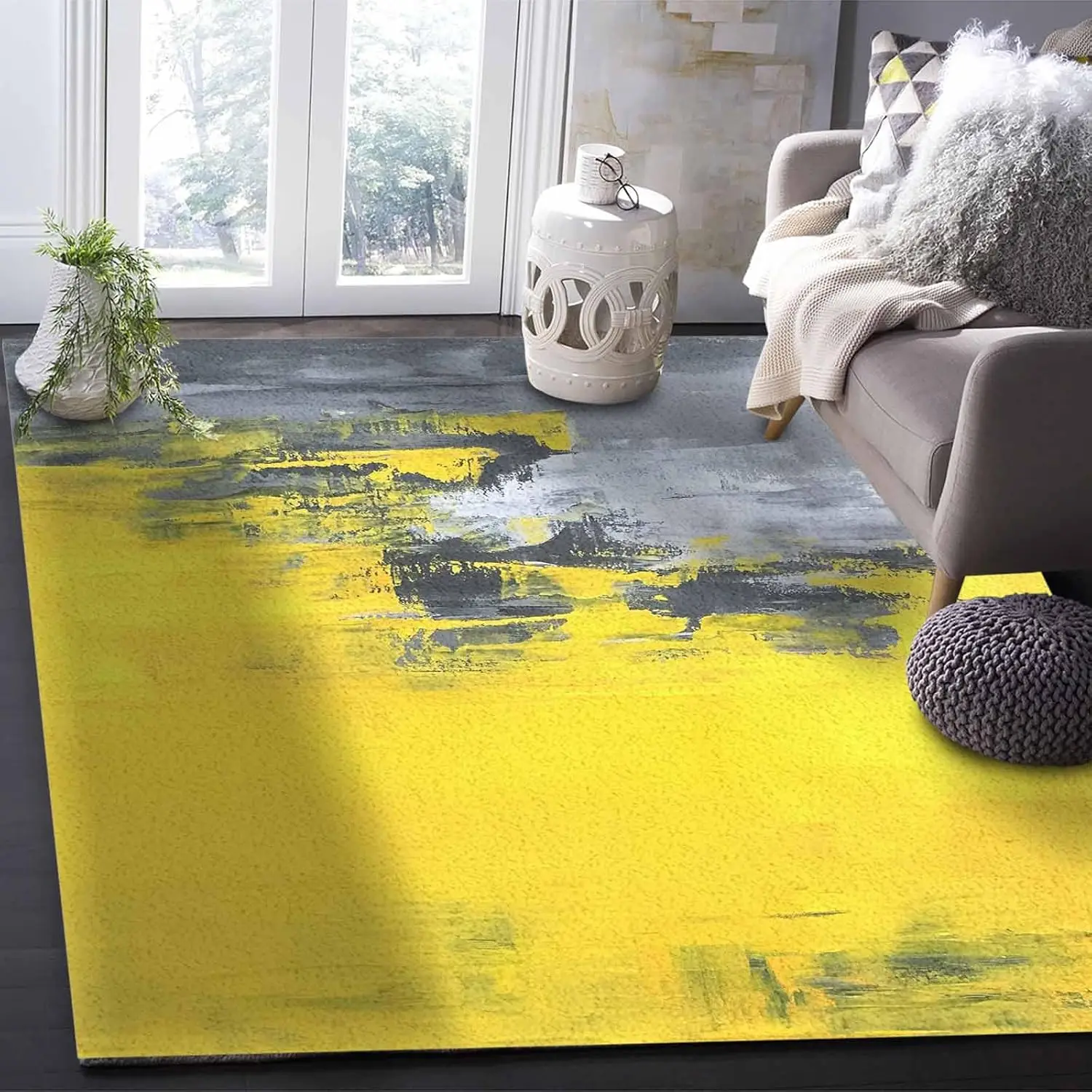Yellow Gray Ombre Washable Area Rugs Modern Abstract Art Non Slip Rugs for Living Room Bedroom, Low Pile Floor Mat Large Indoor