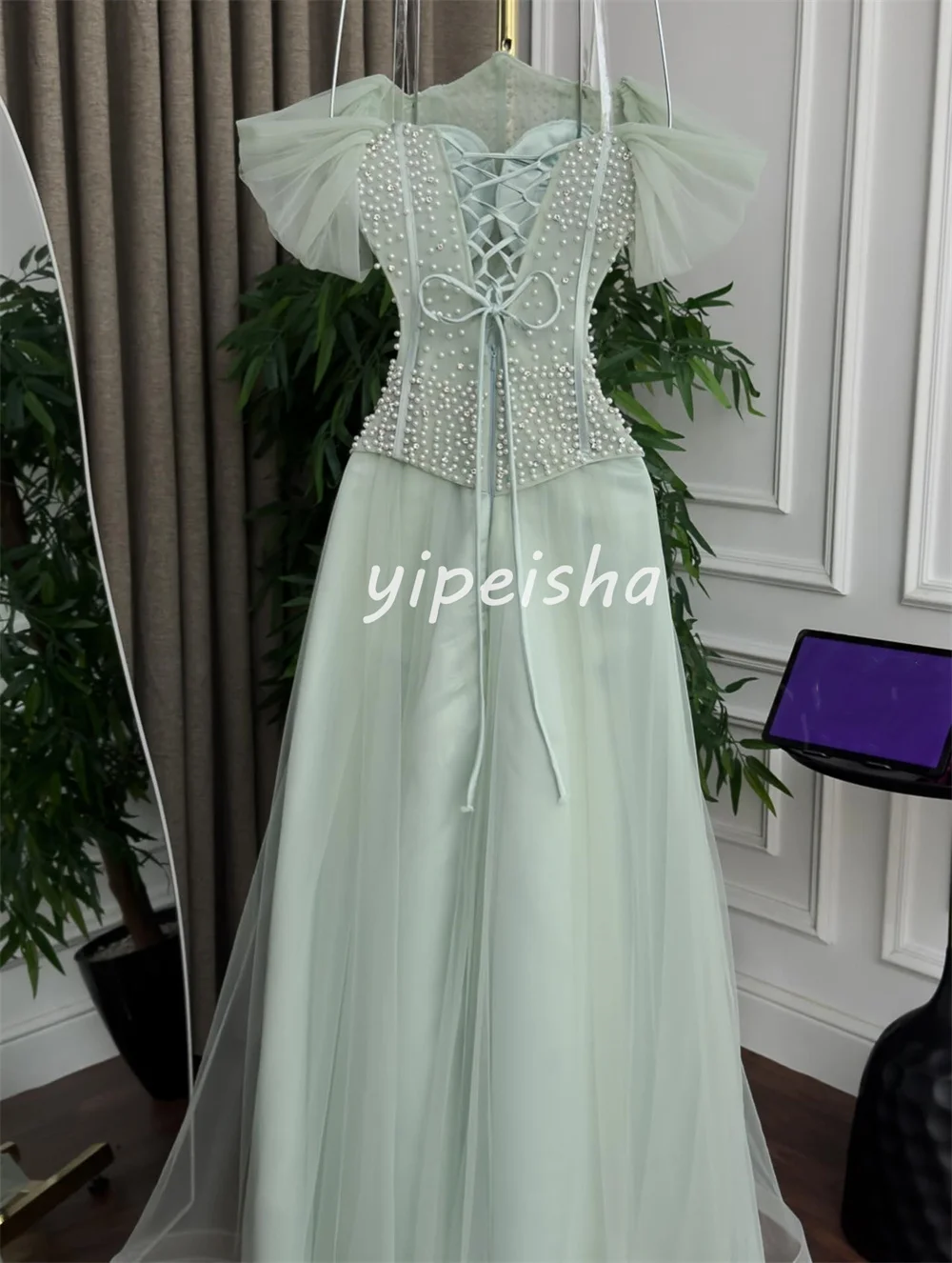 تخصيص مطابقة معقدة تول الطية اللؤلؤ ألف خط خارج على الكتف فساتين طويلة فساتين السهرة الأحجام المتاحة رائعة #6