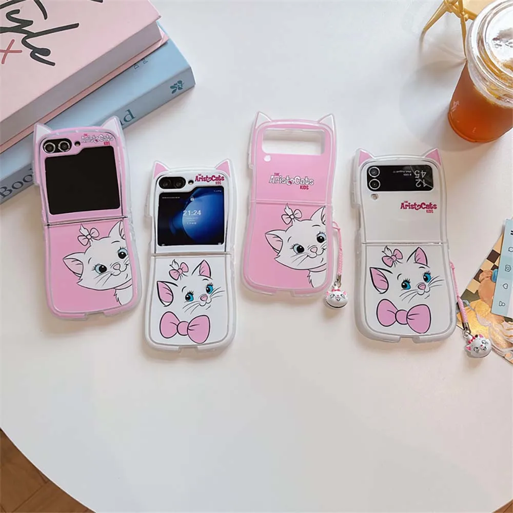 Disneies Marie Cat 3D Cat Ear With pendant Phone Case for Samsung Galaxy Z Flip 3 4 5 6 5G PC Hard Anti-drop Back Cover Funda