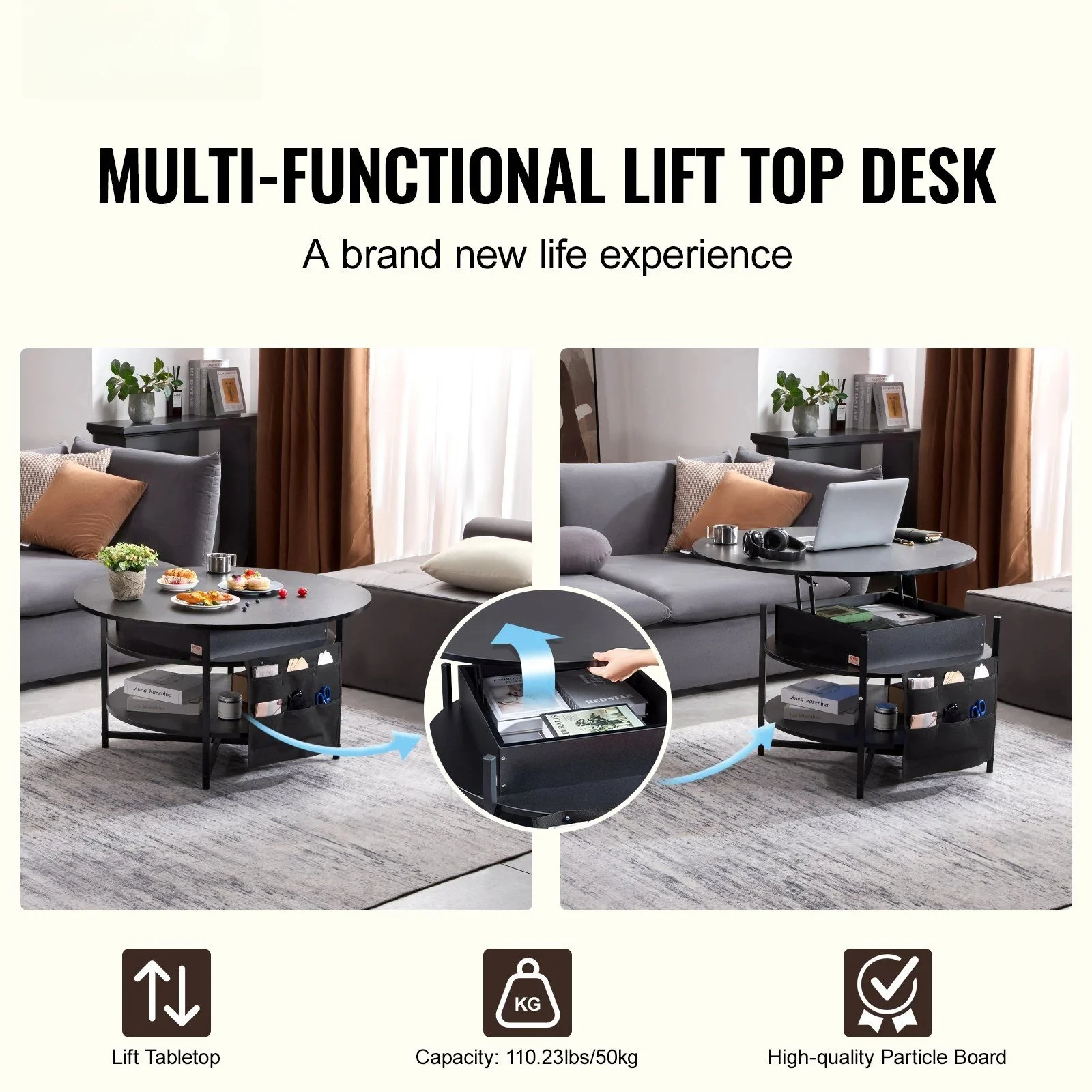 Lift Top Coffee Table 35.3" Round Coffee Table for Living Room Black