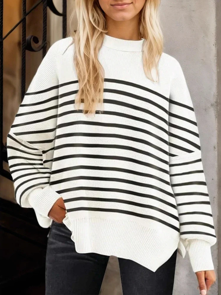 

Новые женские осенне-зимние свитера с круглым вырезом, полосатый трикотаж, модные свободные свитера с длинными рукавами, женские повседневные стильные новые топы