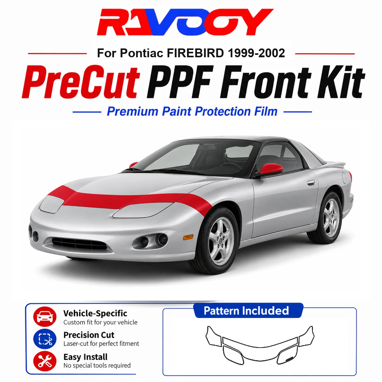 

8.5mil TPU Precut PPF Kit For Pontiac FIREBIRD 1999-2002 - Hood, Fenders & Mirror Set - Self-Healing Clear Bra Film