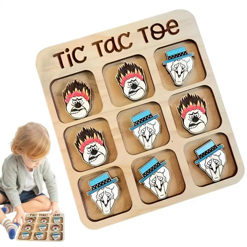 Puzzle Board Game Wooden Family Game Tic-Tac-Toe Fun Board Game Puzzle Game Classic Interactive Table Decor For Travel & Adults