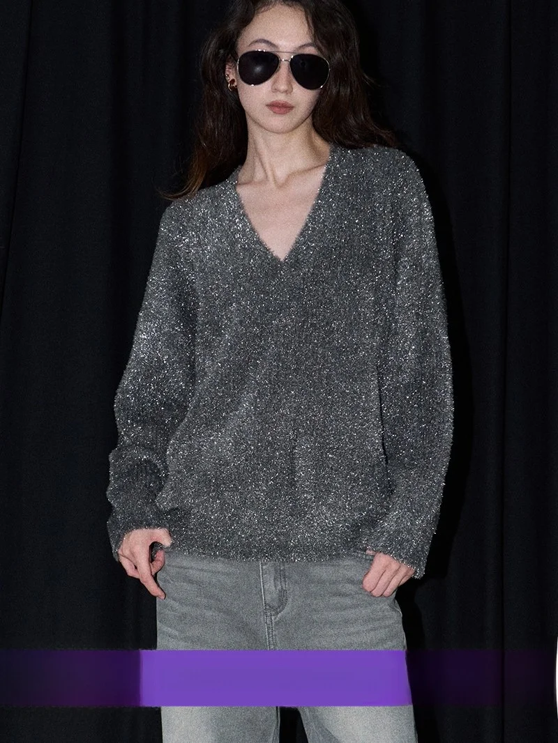 

Свободный вязаный свитер с V-образным вырезом, серебристый, с блестками, для женщин, модный, яркий, с длинными рукавами, однотонный трикотаж