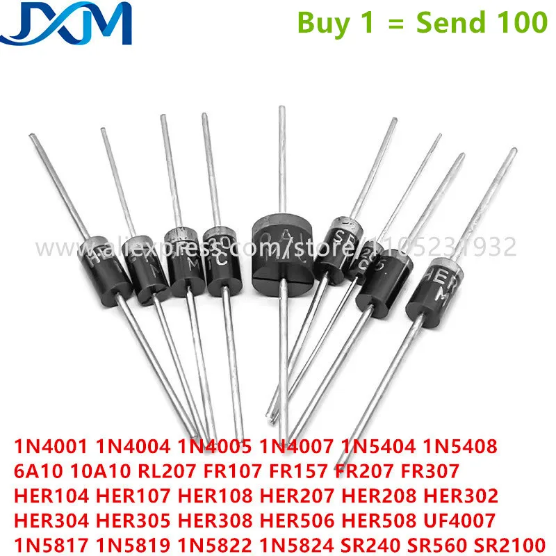 100pcs/lot 1N4007 4001 4004 4005 1N5819 5822 5824 1N5817 UF4007 SR560 FR107 207 FR157 HER107 108 302 RL207 6A10 Rectifier Diode