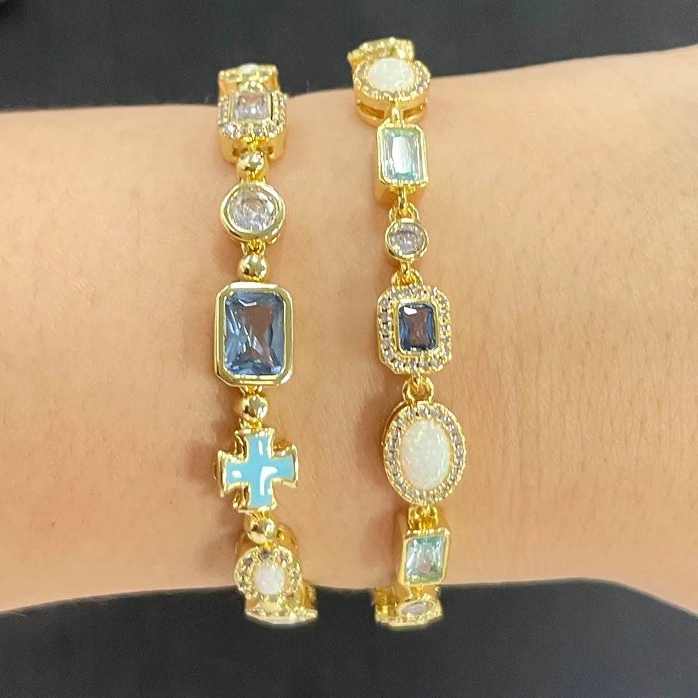 HHIOK Fine 6/8mm Sea Blue/Deep Blue Gemstone Cuban Link Bracelet Ice Out Brass CZ Personalized Hip Hop Jewelry For Men and Women view 5