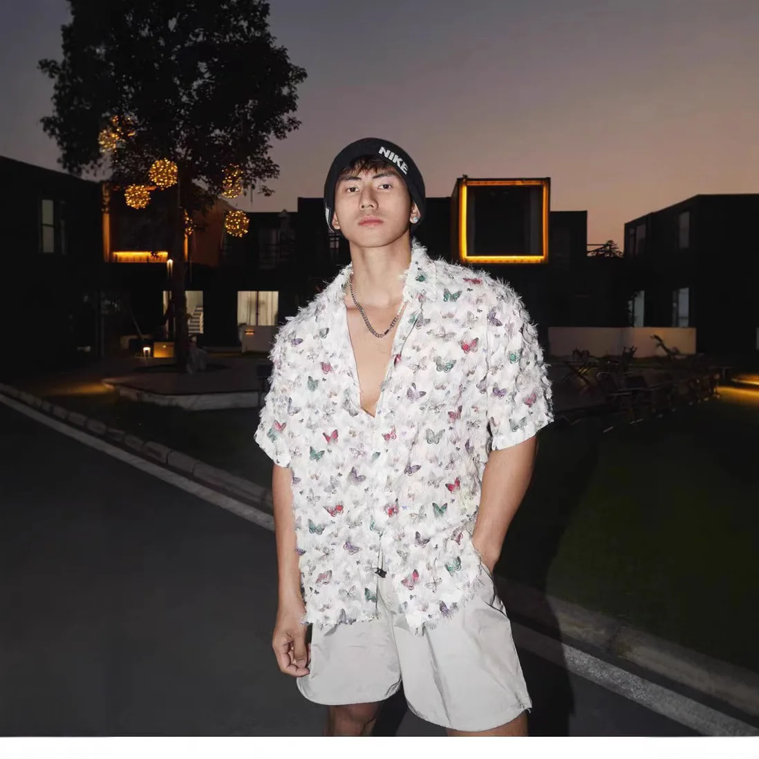 

Man Shirts 2026 New Spring Men's Sheer Butterfly Print Short Sleeve Shirts Summer Holiday Style Casual Top