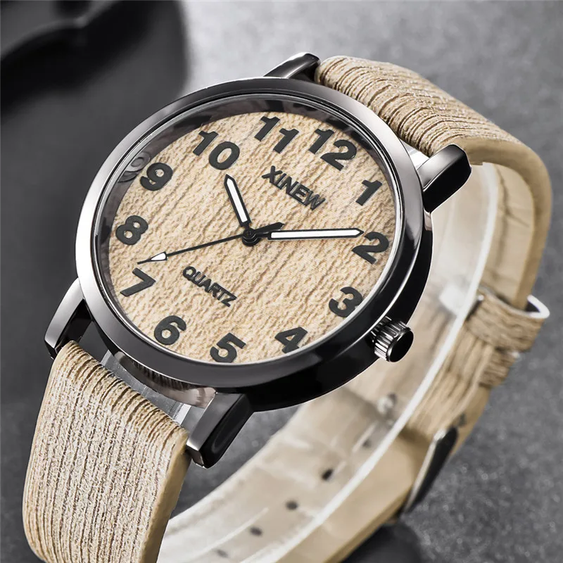 Genuine XINEW Brand Cheap Watches For Men Students Fashion Wood Grain Leather Band Quartz Watch Erkek Barato Saat Montre Homme