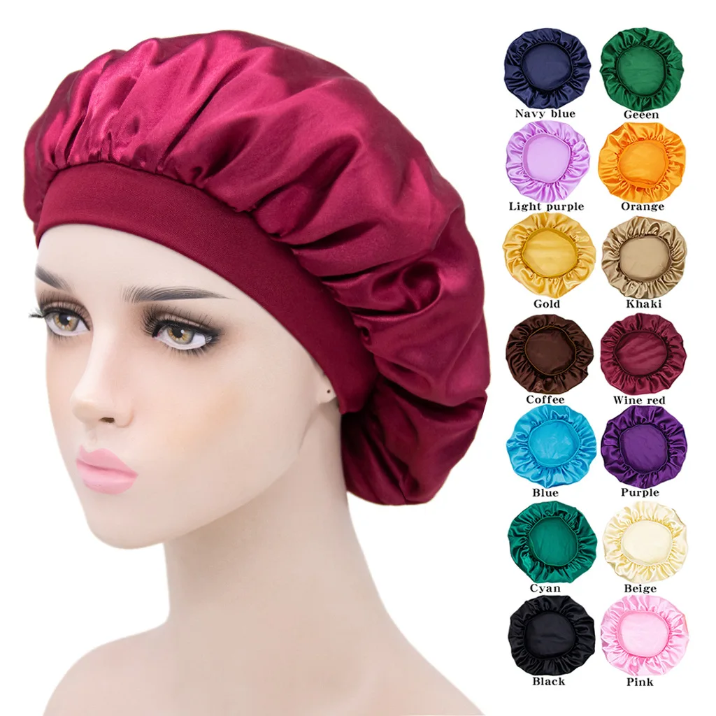1pc Women  Imitation Silk Sleeping Caps Bathroom Satin Solid Color Stretch Bonnets Shower Caps Hair Hat for Daily Use and Beauty