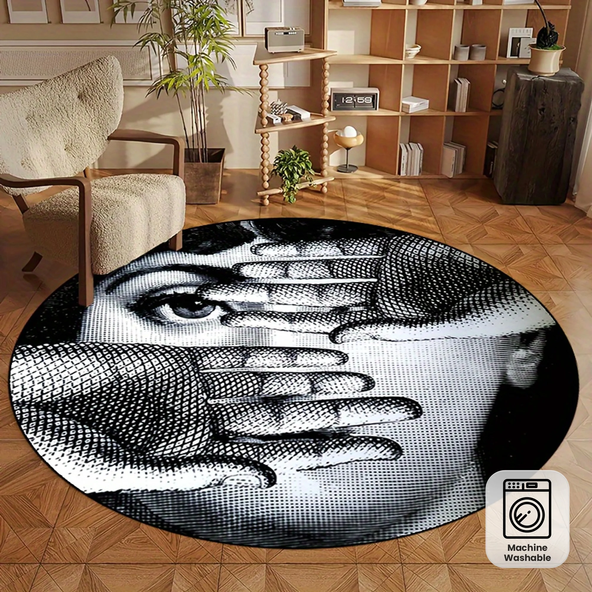 Black White Eye Hand Print Rug Round Flannel Abstract Art Floor Mat for Modern Living Room Studio Office Unique Statement Piece