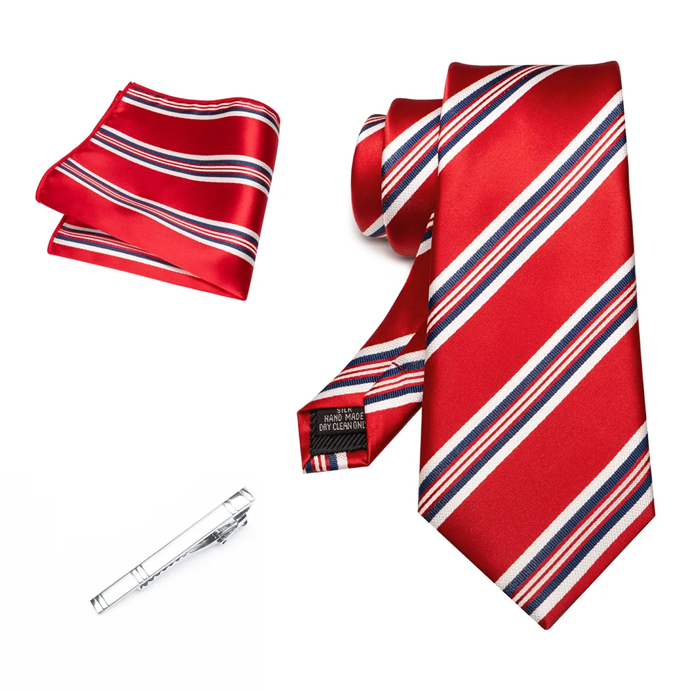 Herren Marineblau Krawatte Rot-Grün Gestreiftes Krawattenset Glänzender Clip Hochwertiges Einstecktuch für Business-Anzüge Anlässe Hochzeit Party – Detail 11
