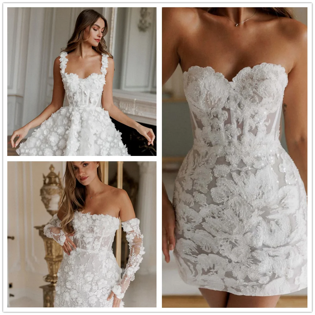 

New Exquisite 3D Flowers Mini Bridal Dress Sexy Knee Mini Short Wedding Dress Lace Beach Wedding Dress Boho Bridal Gown