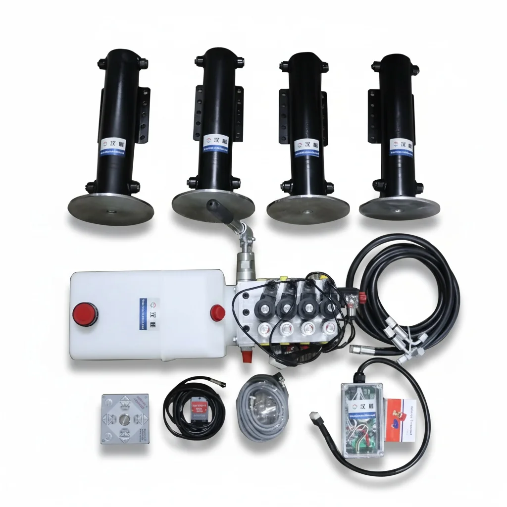 RV Hydraulic Leveling System, Steel 4 Telescopic Outriggers, Wireless Control Panel Double Acting Engine Pump, Camper Trailer