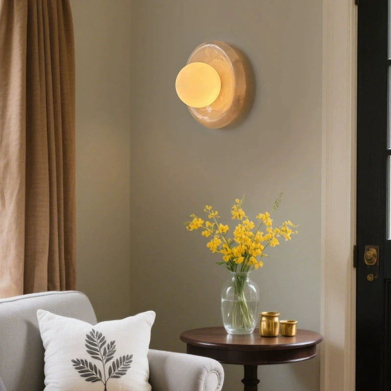 Natural Jade Wall Lamps Marble Bedroom Bedside Lamp French Wabi-Sabi Style Villa Living Room Entrance Corridor Aisle Wall Lights view 4