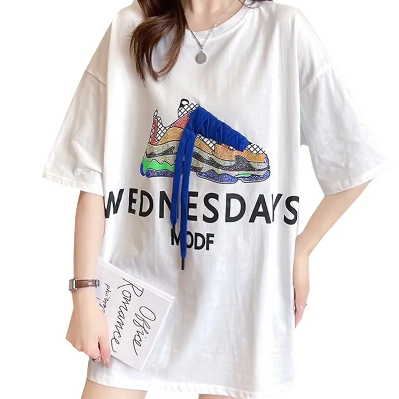 

Harajuku Loose Korean Summer Fashion White Women T Shirt Print Letters Wednesdays Hot Drill Sneakers Bandage Tees Tops Female