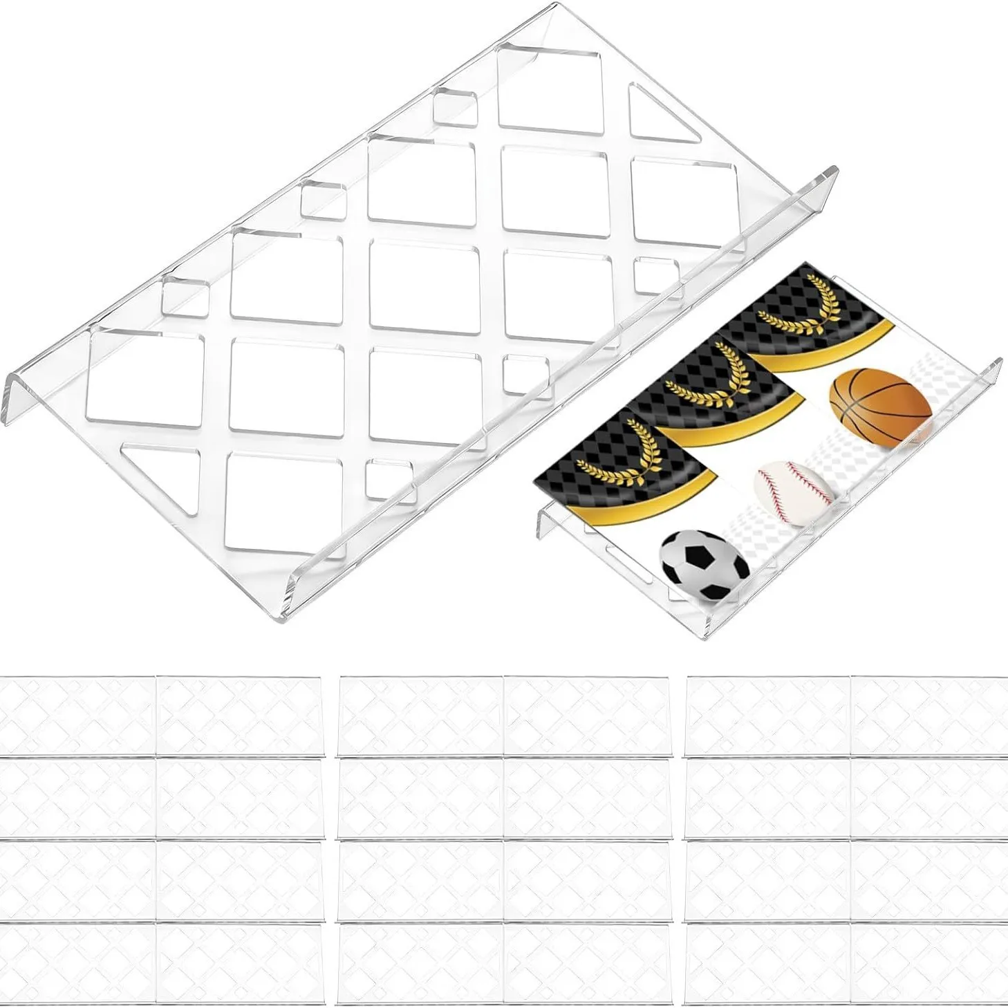 Modular acrylic display unit for trading cards featuring interchangeable grid hollow honeycomb solid spherical semicircular clou