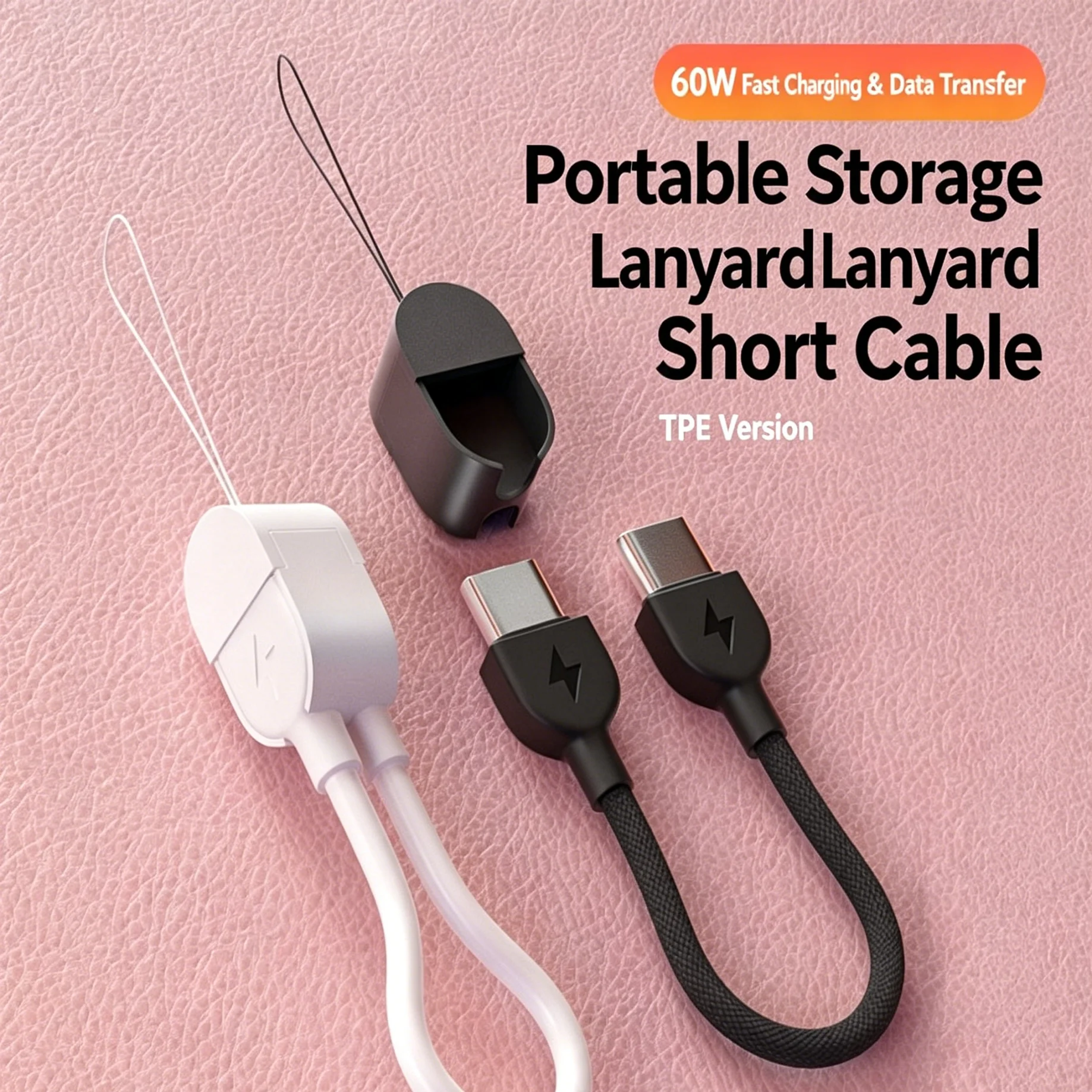 17CM Portable Lanyard Short USB C to USB C 60W PD Fast Charging Data Cable TPE Material Mini Cord For Type C Phones， 0.3m Cable