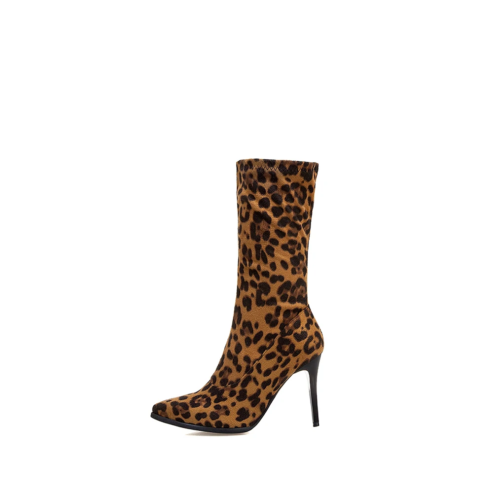 New Winter Sweet Black Leopard Women Mid Calf Boots Fashion High Thin Heels Lady Shoes Plus Small Big Size 11 31 43 46 50