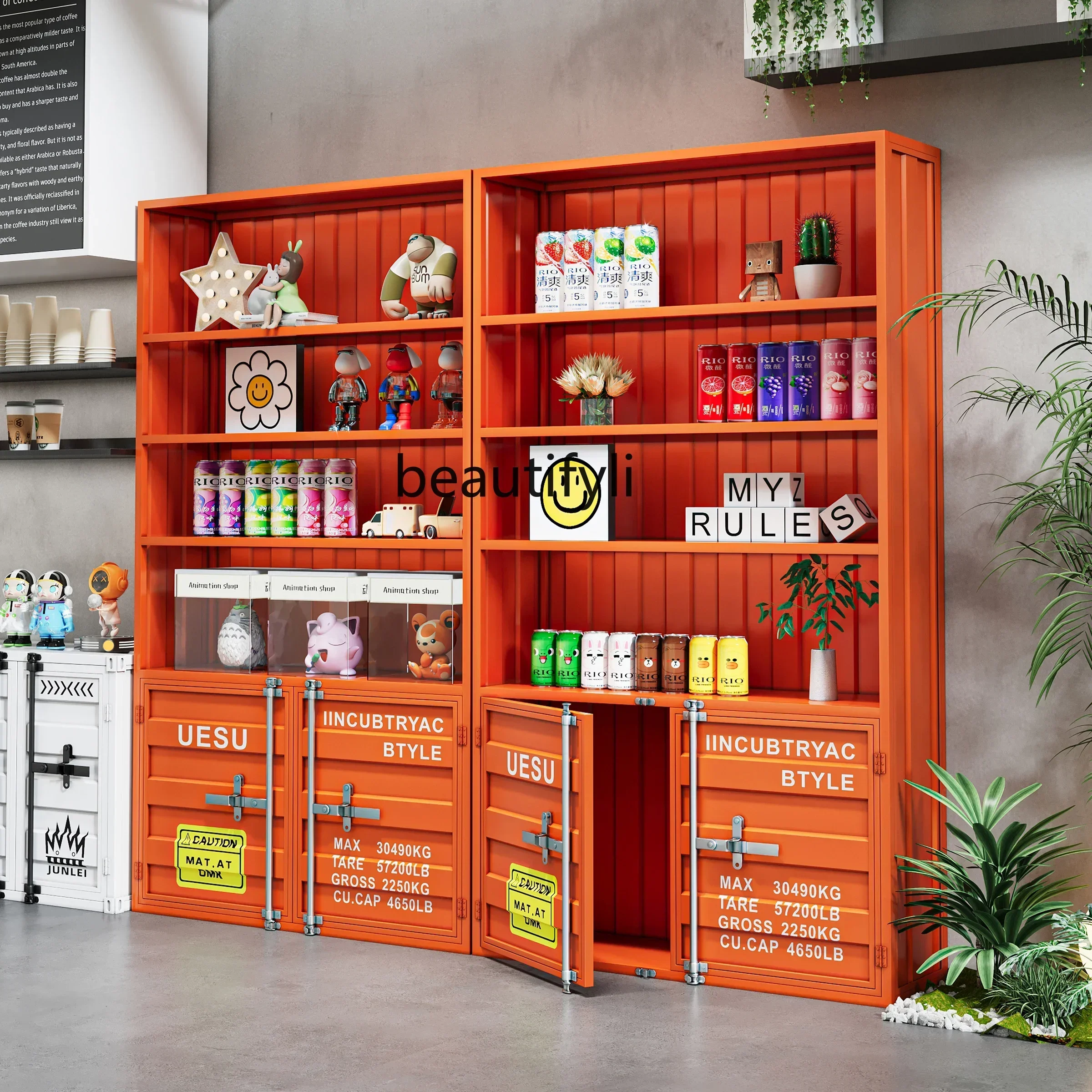 

YH55 Y Retro industrial style store storage container wine cabinet display against the wall display rack