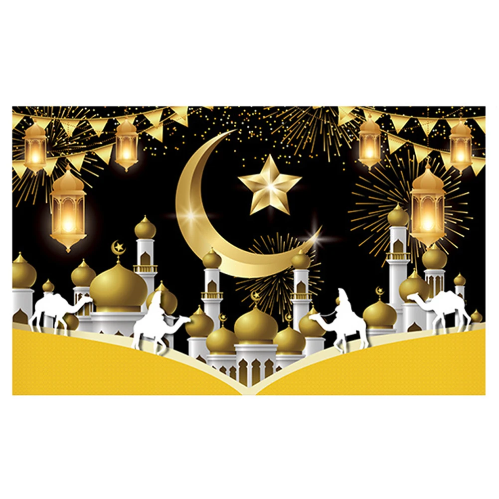 Eid Mubarak Backdrop Banner 180x110cm Polyester Fabric With Lanterns For Crescent Stars Design For Ramadan Party Home Wall Decor