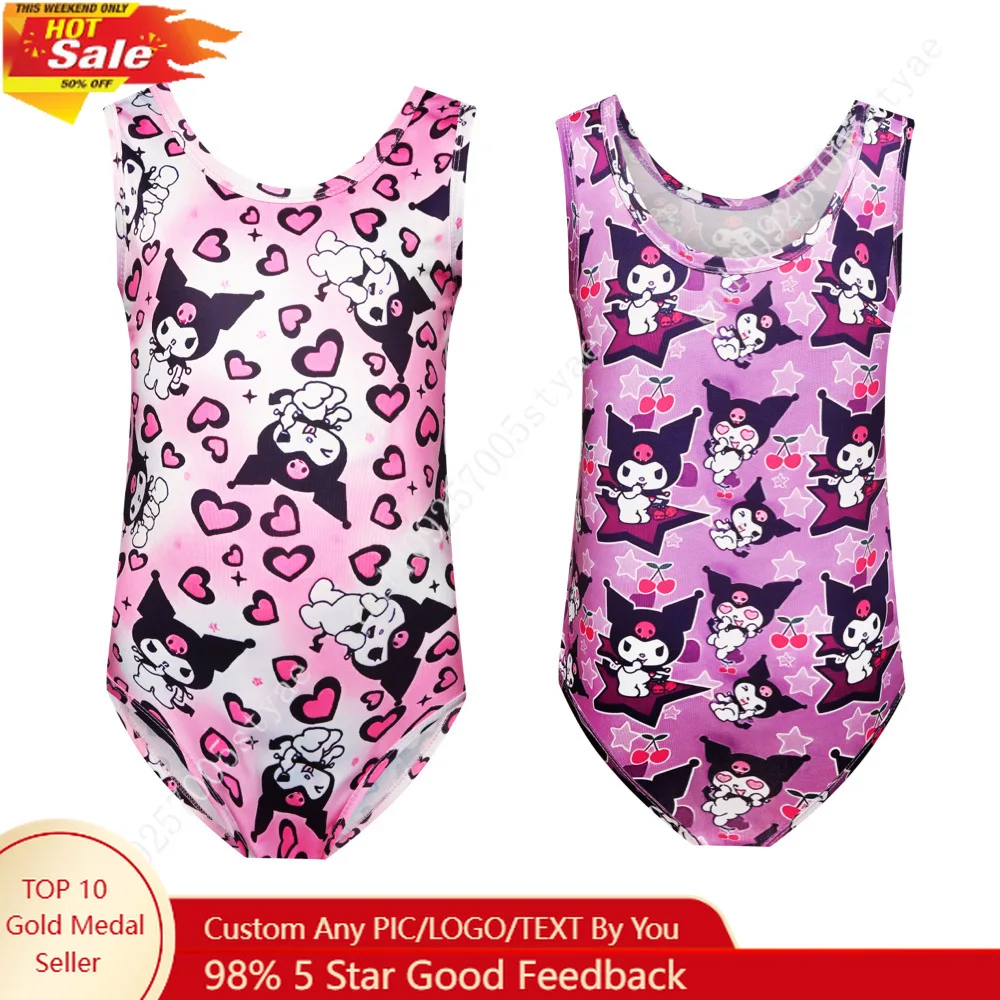 

Kuromi and Cherry Print Swimwear Girls Bathing Suit Sanrio Swimming Suit Sports Stretchy Swimsuit Purple Beach Swimdress for Kid