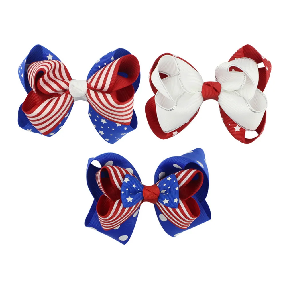 

3pcs Girls Hair Accessories Bowknot Hairpins Flag Day Independence Party Headwear Bright Color Hair Clips Children Toddler Miss