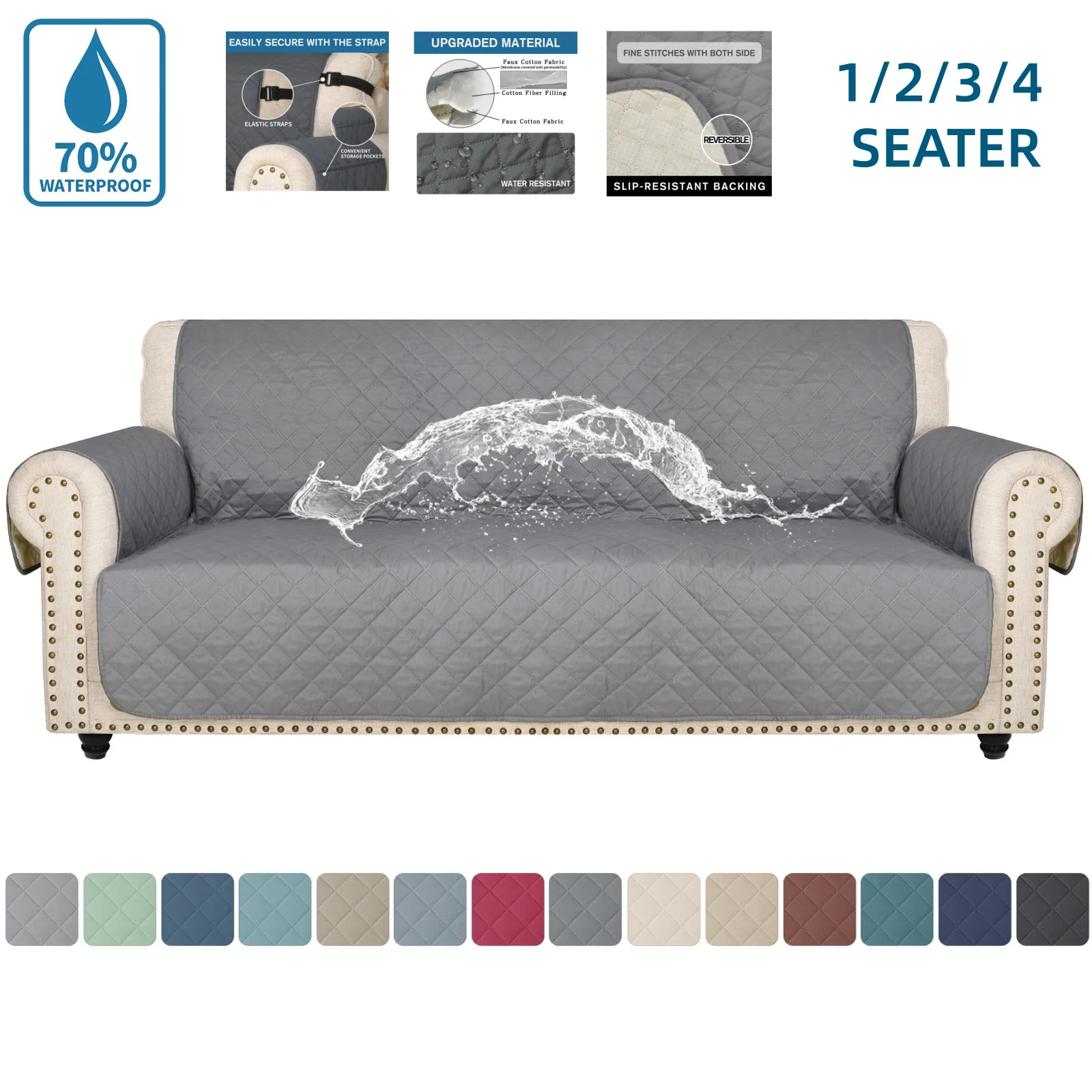 

Sofa Covers Waterproof Sofa Slipcovers 1/2/3/4 Seater Non Slip Cover for Kids Pets Washable Sofa Protector with Elastic Strap