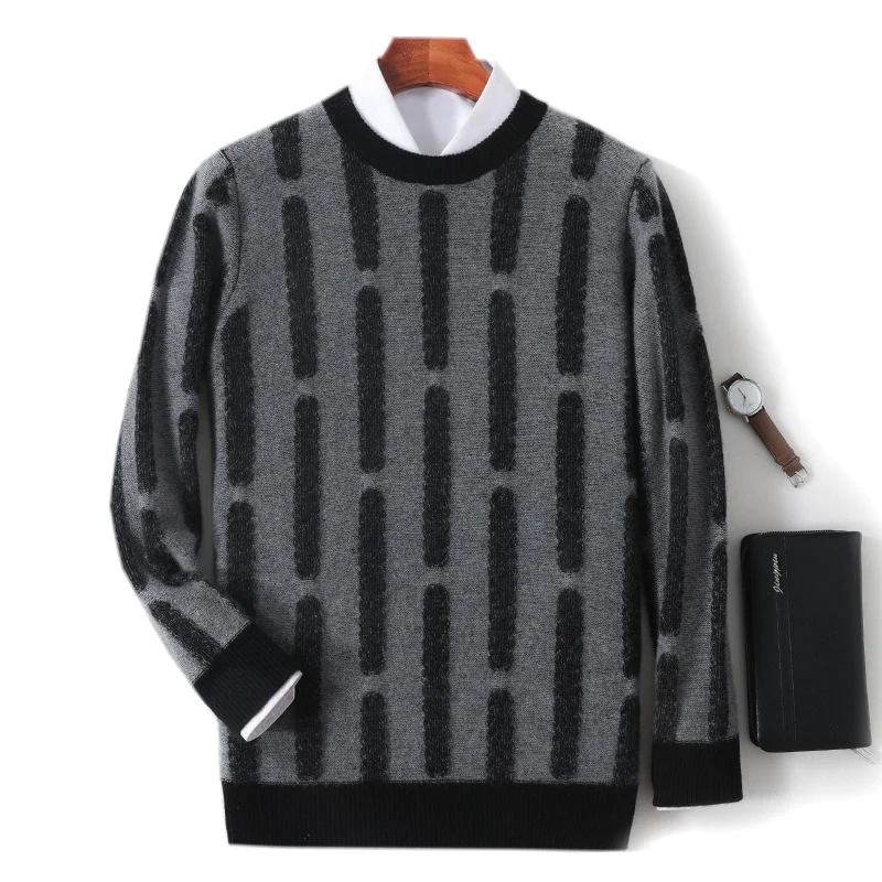 New Autumn Winter Thick Cashmere Sweater Men's Round Neck Knitted Pullover 100% Merino Wool Contrasting Striped Men's Clothing