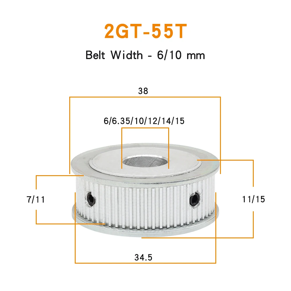 2GT-55T Motor Pulley Bore Size 6/6.35/10/12/14/15 mm Toothed Pulley Teeth Pitch 2 mm Rubber Belt Width 6/10 mm For 3D Printers