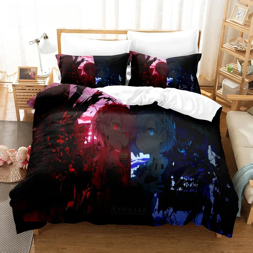 

New Re Zero Rem Ram Bedding Set 3d Print Kawaii Cartoon Anime three-piece set Adult Kid Bedroom Duvet cover Sets Home Textiles