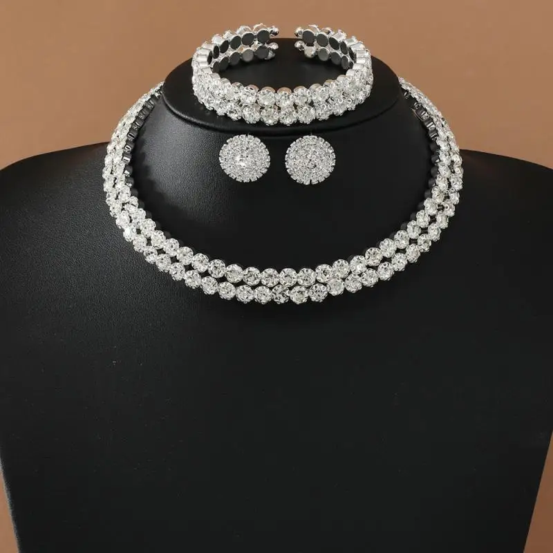 

Women Elegant Necklace Earrings Bracelet Set Rhinestone 2 Rows Wedding Bride Decorative Jewelry Set