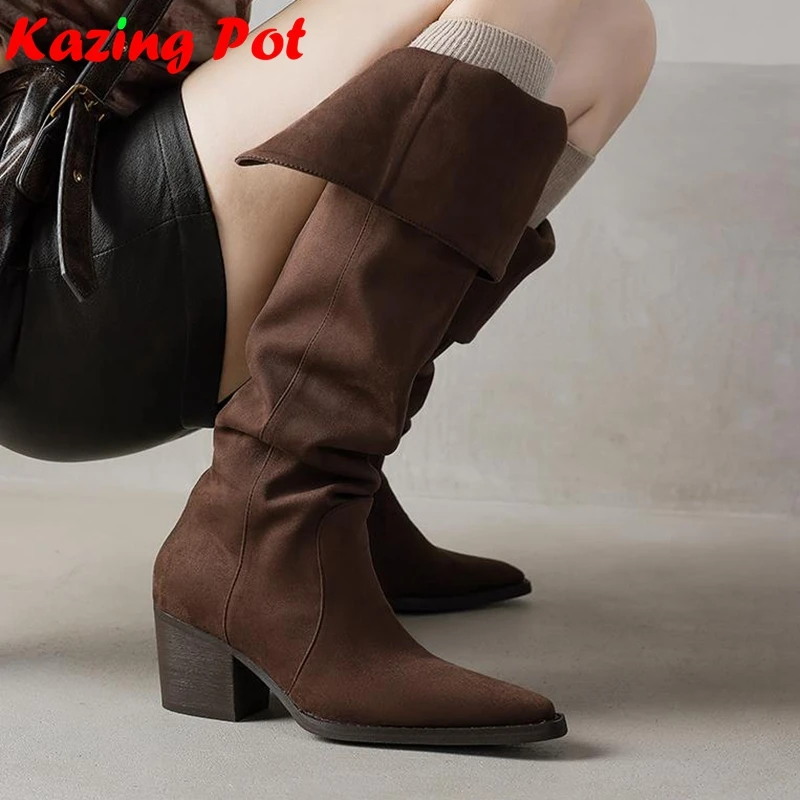 

Krazing Pot Flock Fashion Pointed Toe Thick Heels Riding Boots Warm Winter Shoes Black Brown Women Street Wear Knee-high Boots