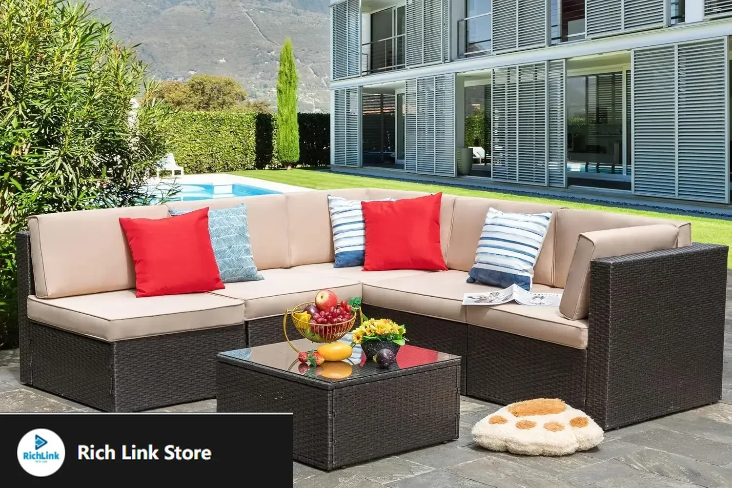 

6 Piece Patio Furniture Set, Small Outdoor Sectional Sofa Couch, All Weather PE Wicker L-Shaped Corner Garden, Beige