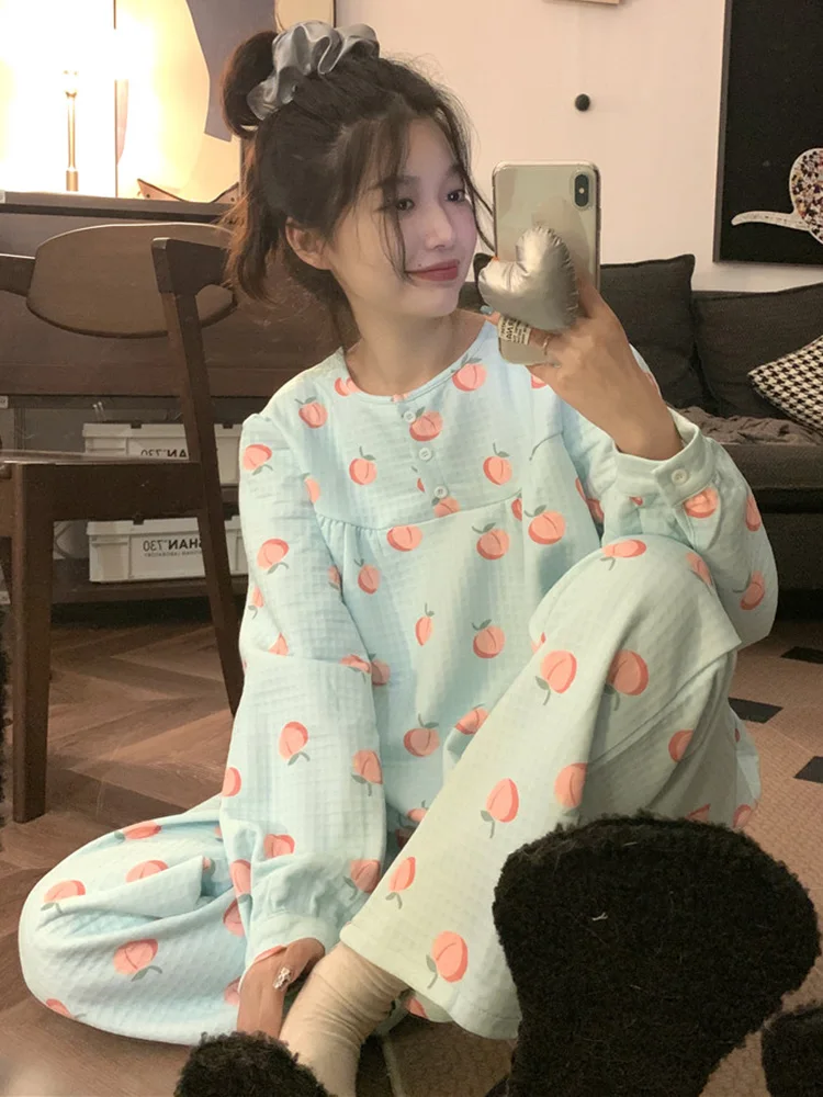 Cute New Print Peach Home Soft Winter Girlish Style Autumn Long Sleeve Pajama Set Women Loose Warm Thicken Sweet Sleepwear Ins