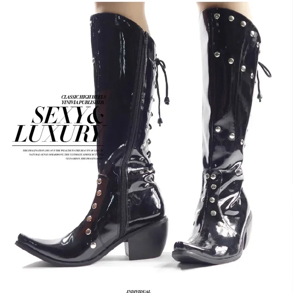 

Men's Fashion Motorcycle Boots Rivet Pointed Toe Stage Perform knee-high Riding Boots Platform Thick Heel Long Dress Shoes