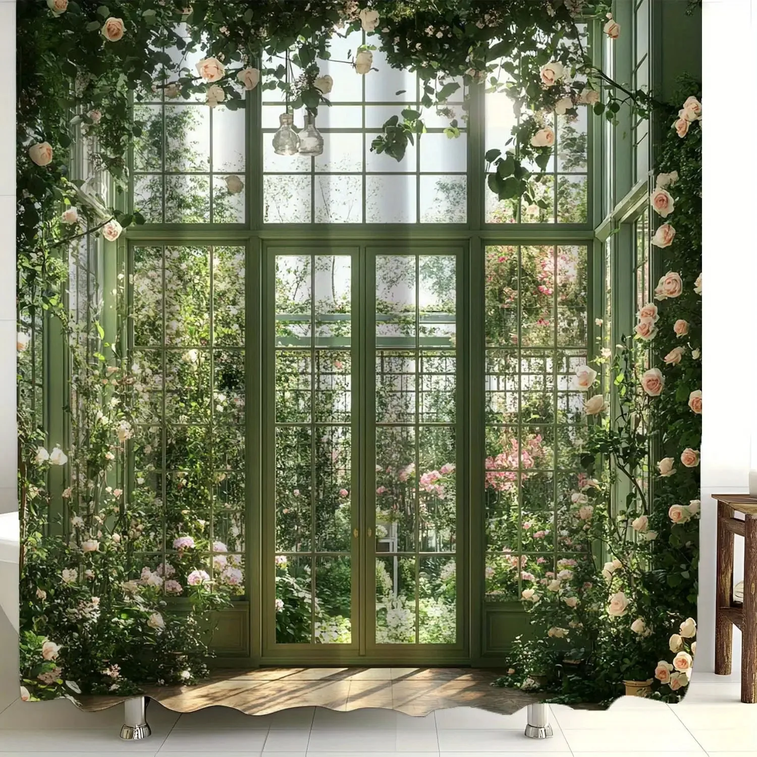 

1pc Vintage Garden Glass House Design Shower Curtain, Includes 12 Hooks for Window Use