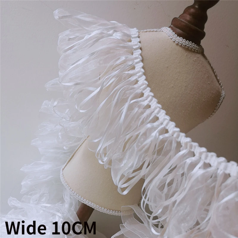 10CM Wide White Chiffon Satin Tassel Embroidery Ribbon Lace Fabric Edge Trim Clothing Curtains DIY Handmade Sewing Fringed Decor