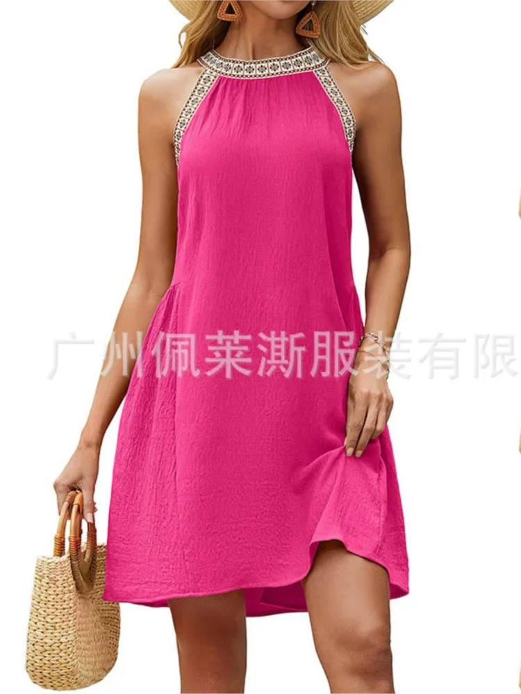 Casual 2026 Dress Dresses Woman Vestidos Beachwear Fresh And Sweet Slim Flower Patchwork Holiday Vacation Halter Neck Contrast