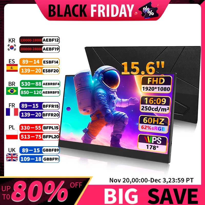 

15,6-дюймовый FHD 1080P 250 кд/м2 с двойным интерфейсом Type-c и HDMI, ультратонкий портативный монитор для ноутбука, ПК, телефона, PS4/5 Xbox Switch