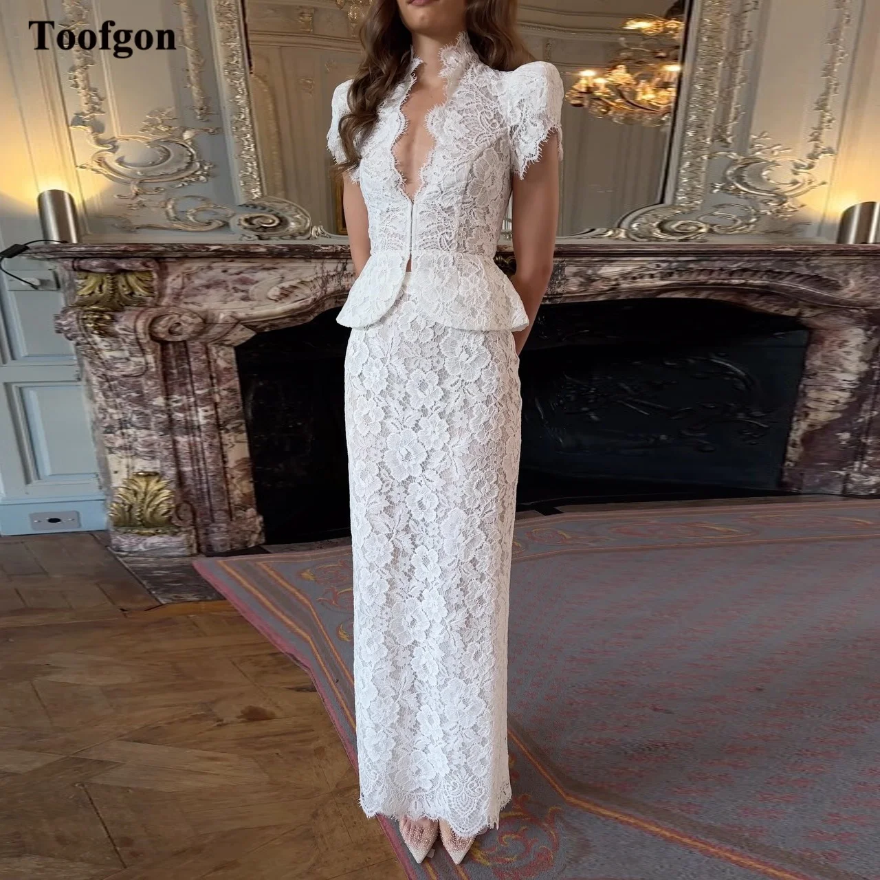 Toofgon Boho Spitze Maßgeschneiderte Brautkleider Kurzarm Brautkleid Sexy V-Ausschnitt Brautfotografie-Kleider Formelle Partykleidung